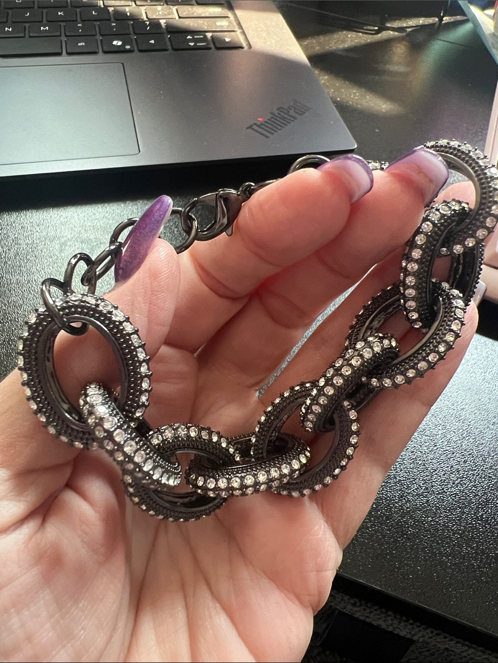 Gunmetal Link Bracelet with Clear Crystal Accents